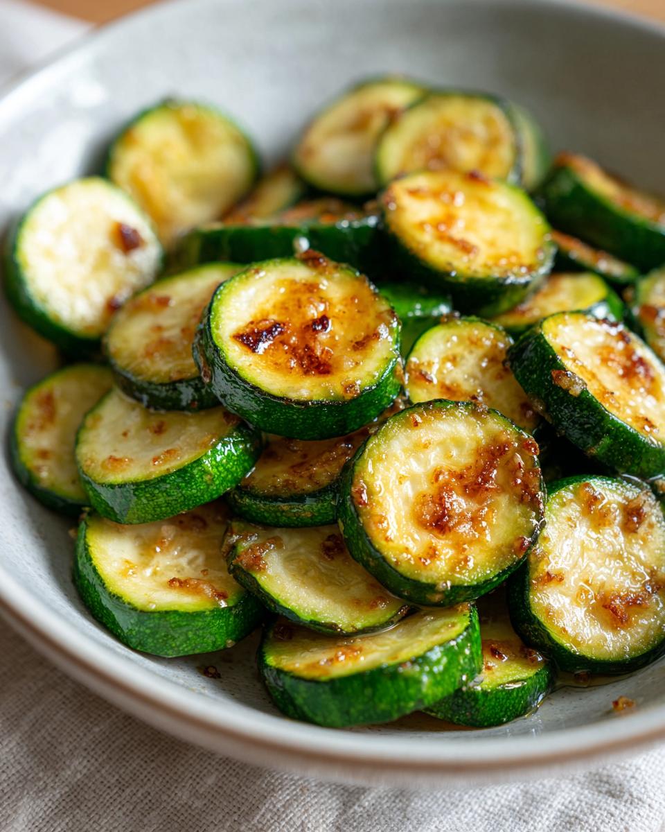 Close-up of perfectly sauteed zucchini slices with caramelized edges served in a light gray bowl.