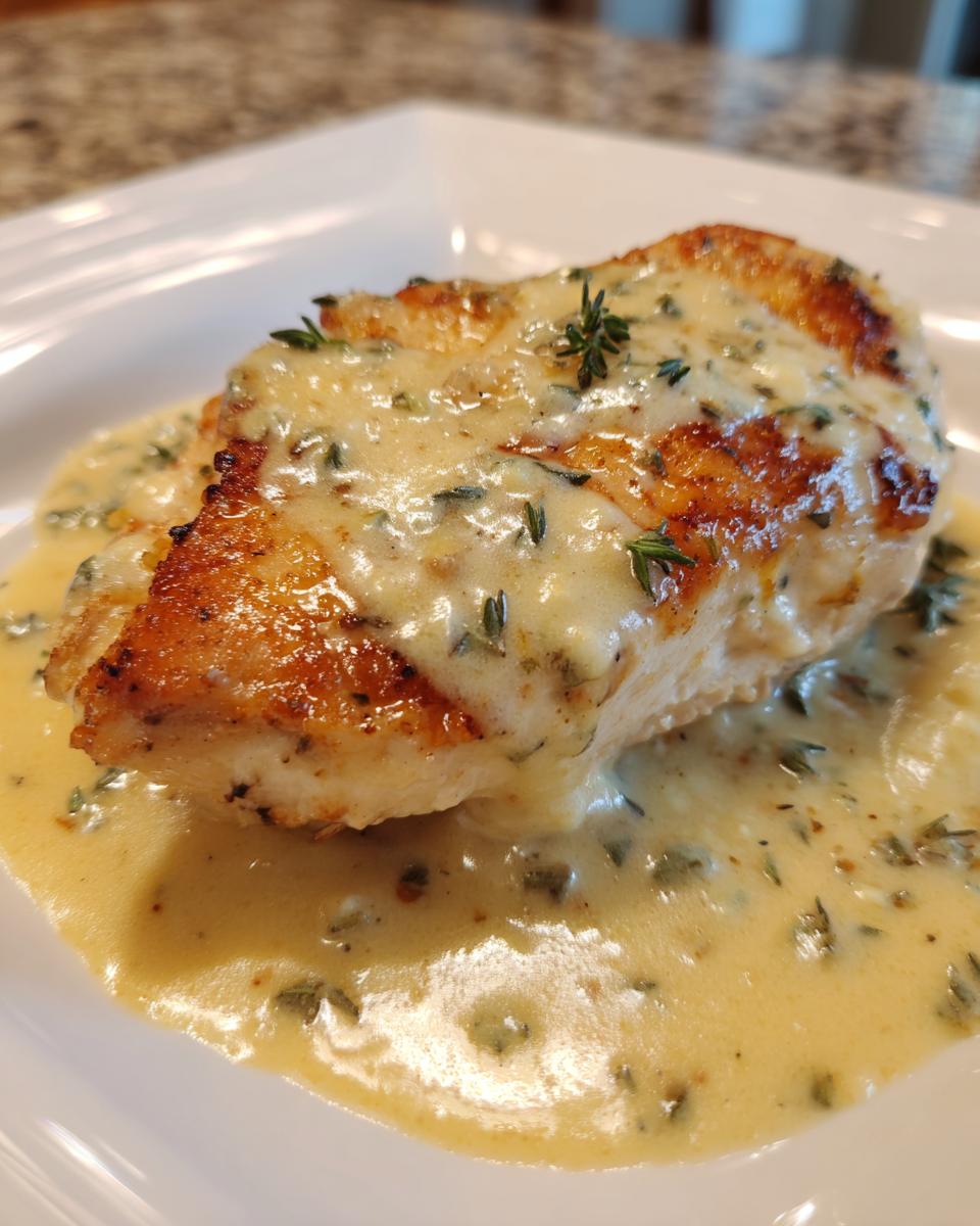 Close-up of a perfectly seared chicken breast smothered in a creamy Dijon chicken sauce, garnished with fresh thyme.