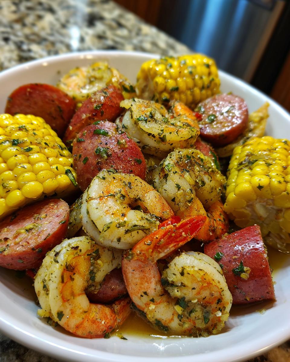 Close-up of a white bowl filled with seasoned shrimp, sliced sausage, and corn on the cob from a shrimp boil.