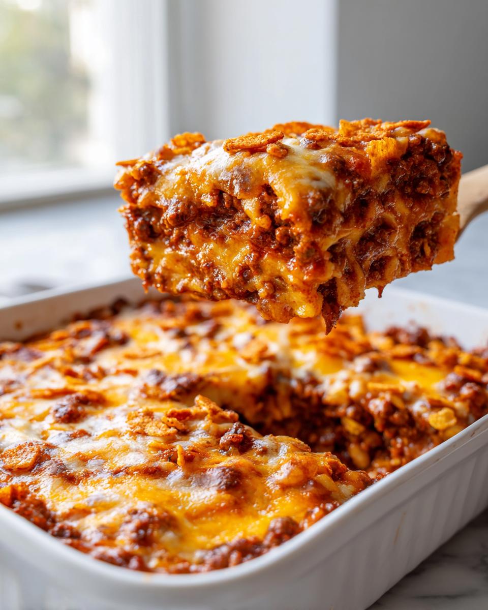 A wooden spoon lifts a cheesy, meaty slice of baked frito pie out of a white casserole dish.