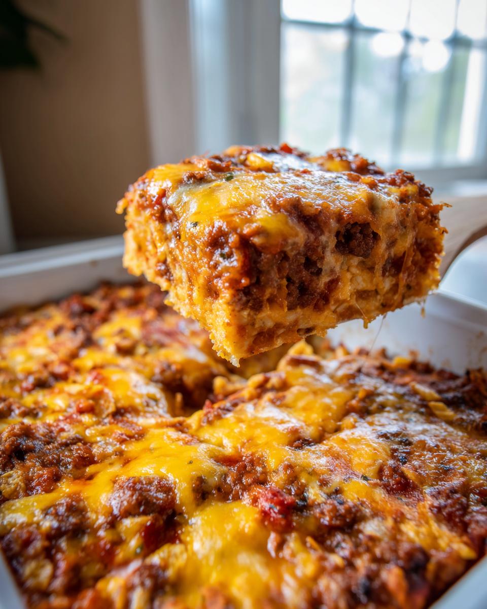 A square portion of baked frito pie casserole with melted cheddar cheese being lifted from the dish.