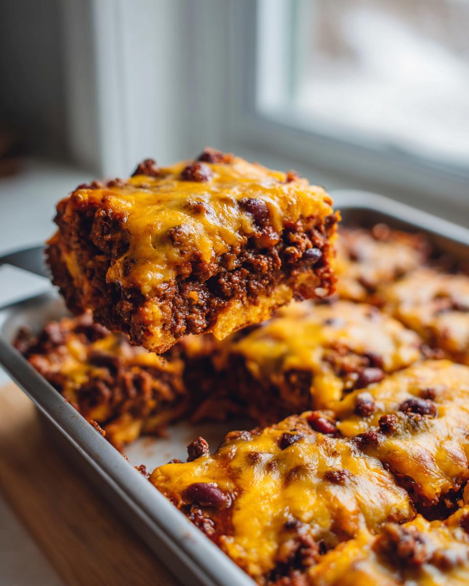 A square slice of baked frito pie, topped with melted cheddar cheese, being lifted from the baking dish.