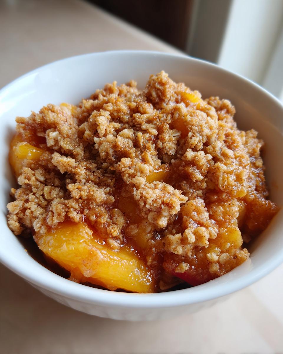 Close-up of a warm, single serving of peach crisp with a thick, crumbly topping in a white bowl.