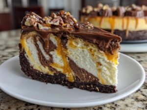 Close-up of a slice of turtle cheesecake showing marbled layers, caramel drizzle, and pecan topping.