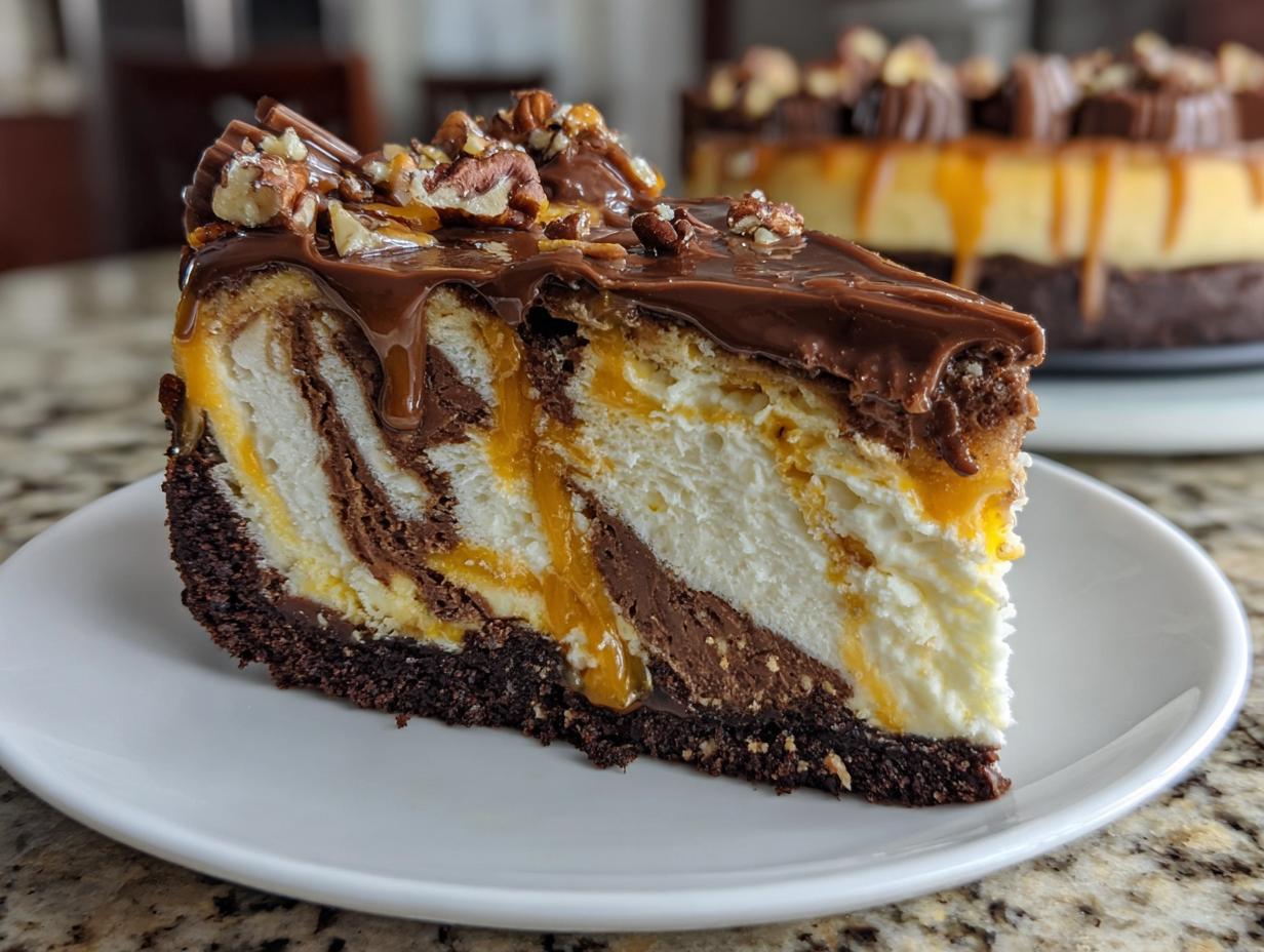 Close-up of a slice of turtle cheesecake showing marbled layers, caramel drizzle, and pecan topping.