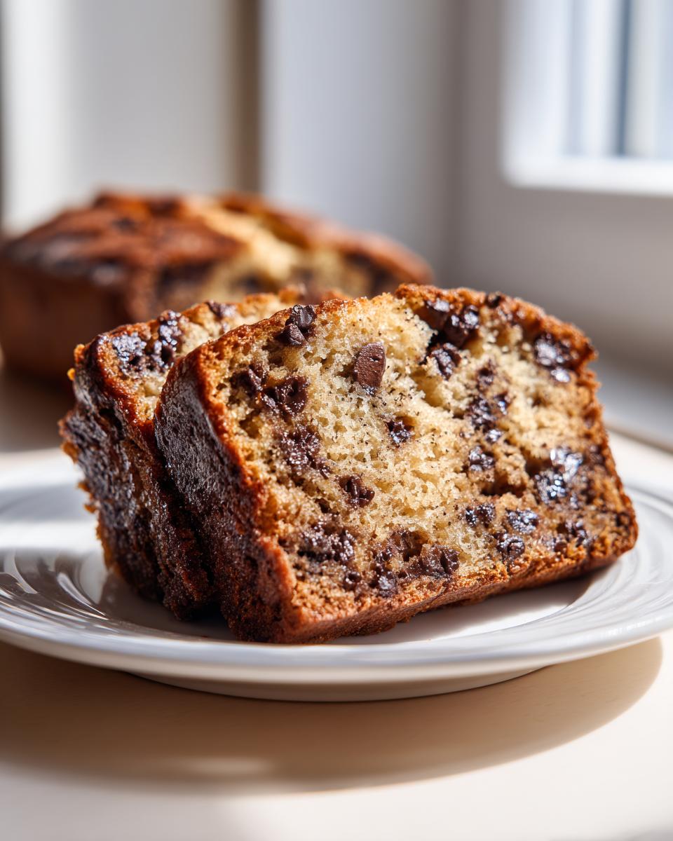Two thick slices of moist chocolate banana bread packed with chocolate chips, served on a white plate.