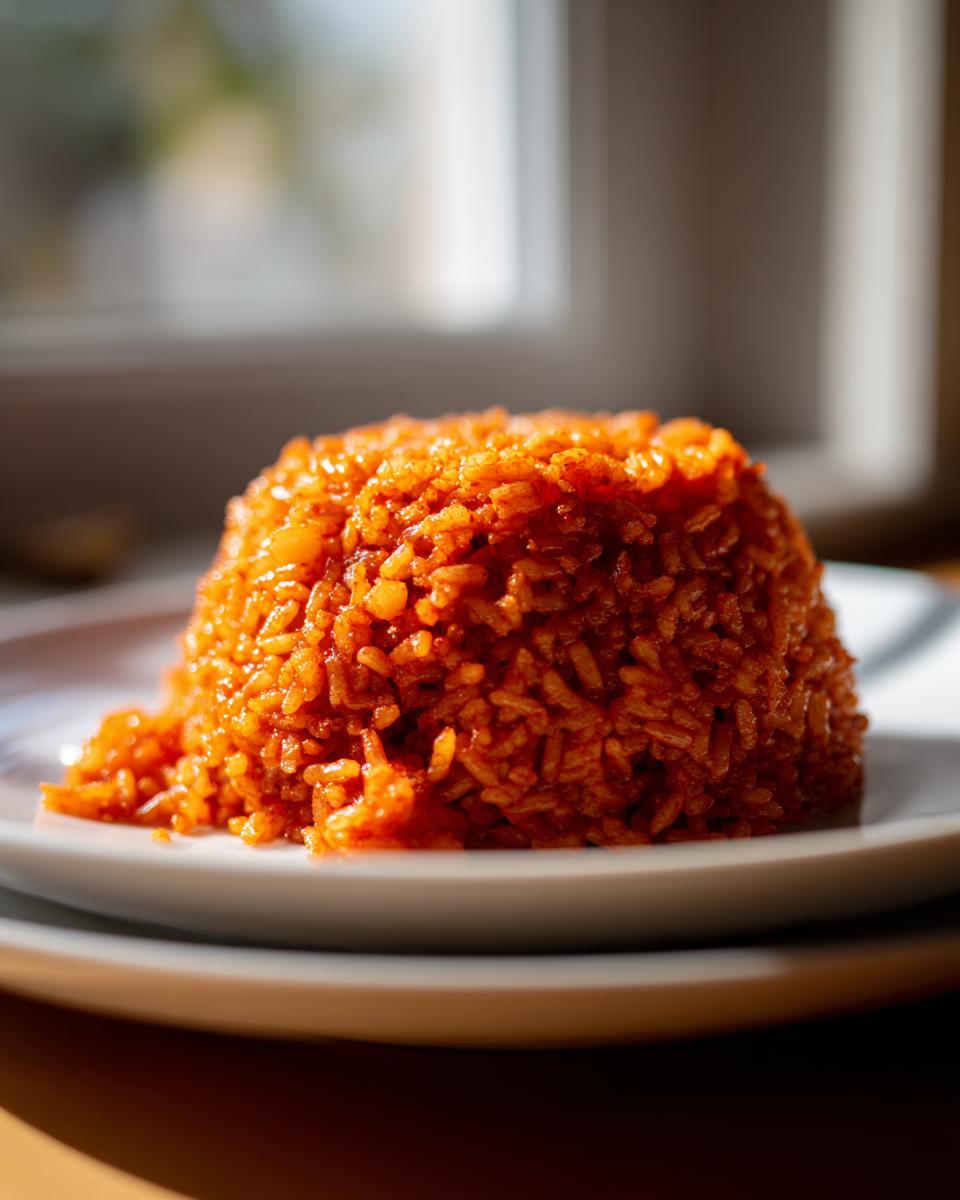 A close-up, beautifully lit mound of vibrant orange-red jollof rice served on a white plate.