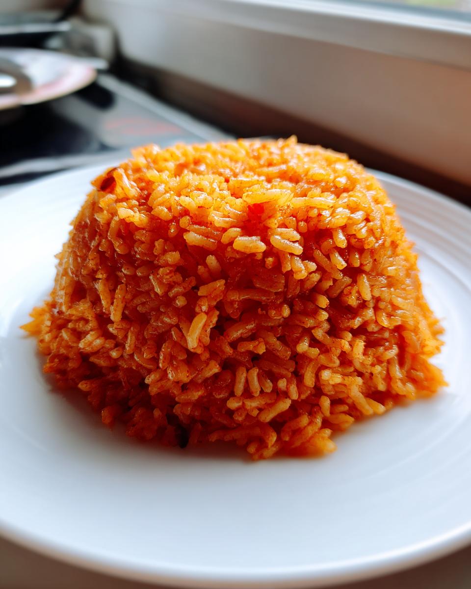 A mound of vibrant orange-red jollof rice, perfectly shaped, served on a white plate.