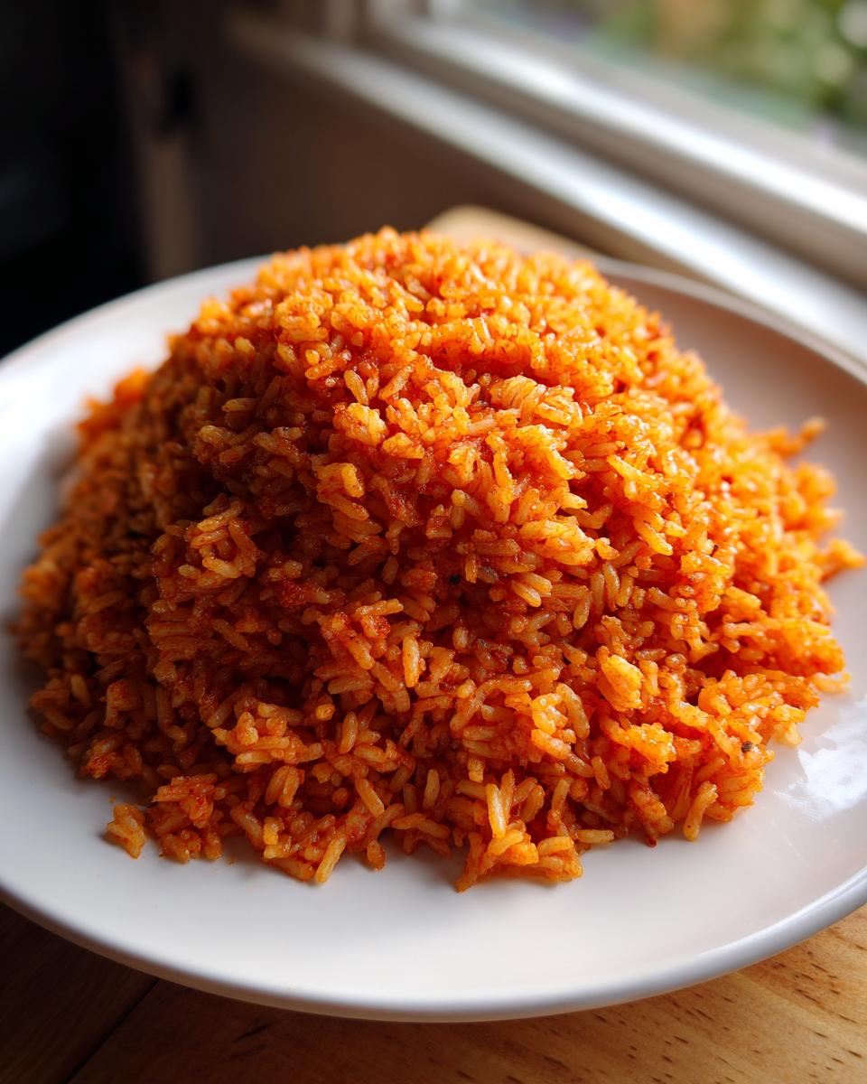 A generous mound of vibrant, orange-red jollof rice served on a white plate, ready to eat.