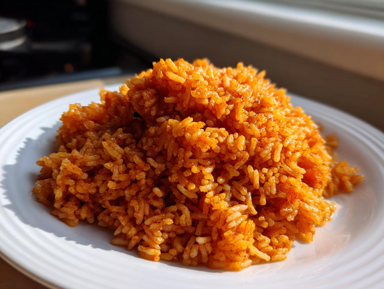 A mound of vibrant, orange-red Jollof rice served on a white plate, catching the sunlight.