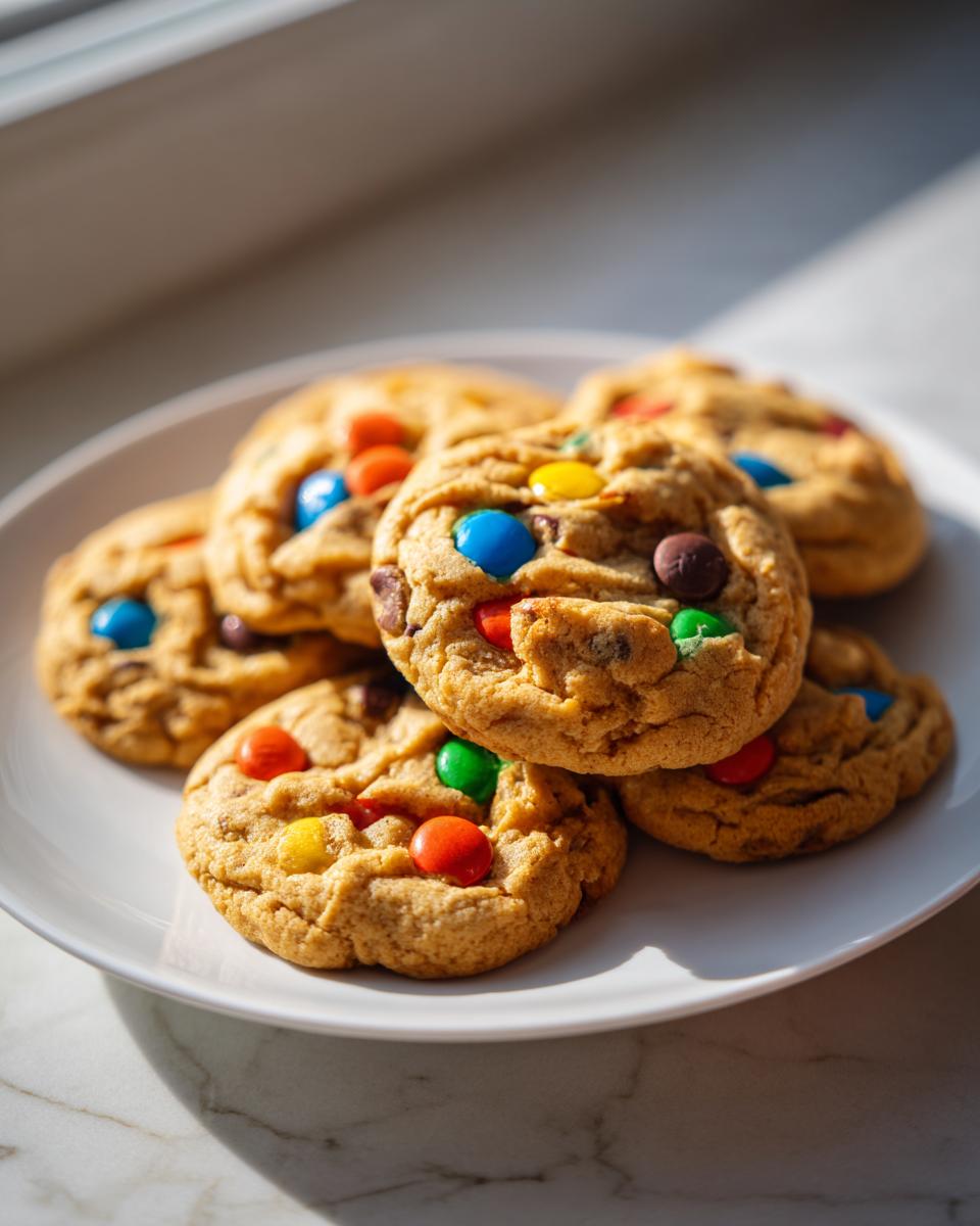 A stack of freshly baked, soft m&m cookies with colorful candies on a white plate.