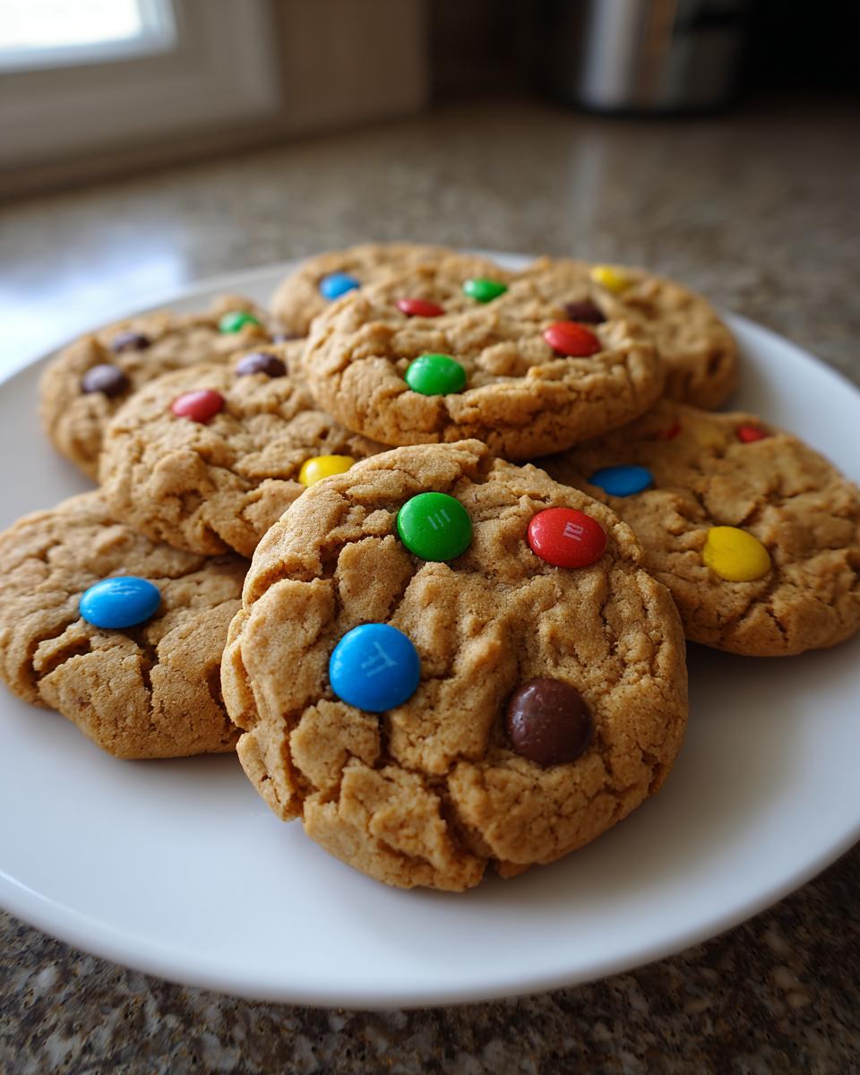 A stack of freshly baked soft m&m cookies with colorful candies on a white plate.