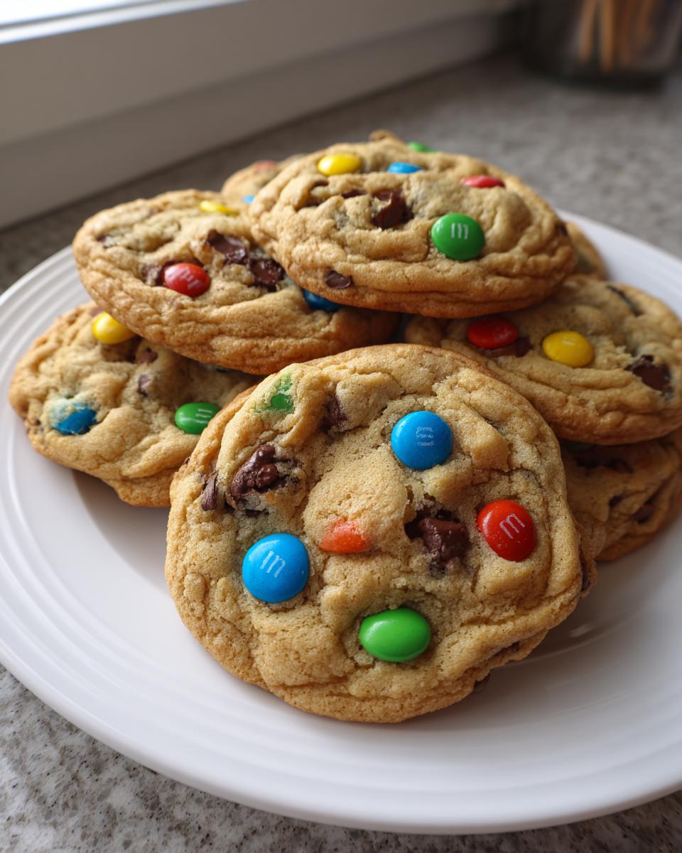 A stack of soft, chewy m&m cookies loaded with colorful candies and chocolate chunks on a white plate.