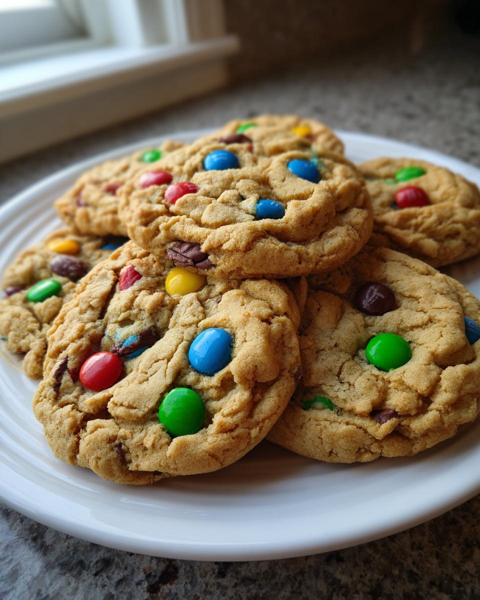 A close-up stack of soft m&m cookies loaded with colorful chocolate candies, resting on a white plate.