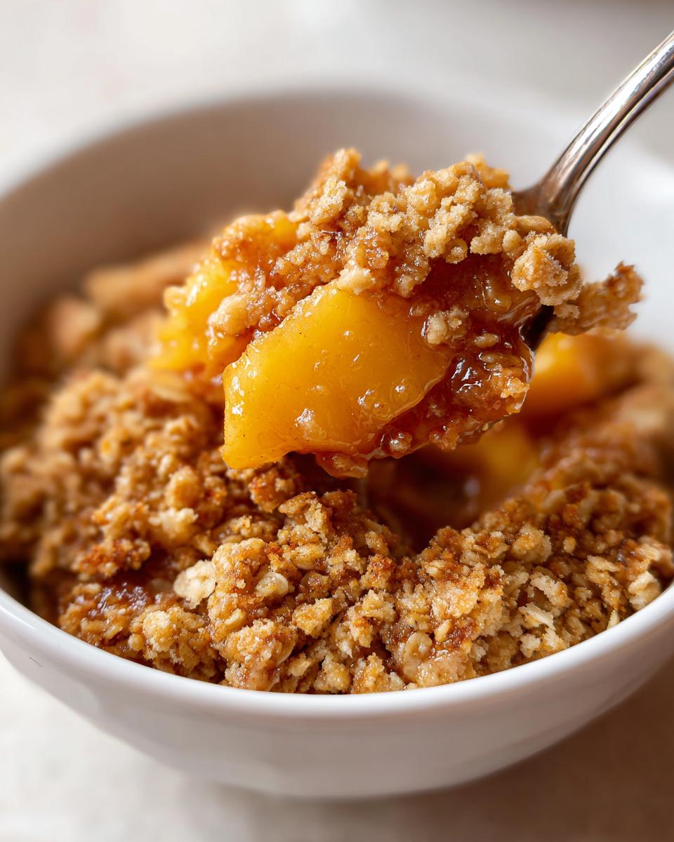 Close-up of a spoonful of warm peach crisp, showing juicy peaches and crunchy oat topping.