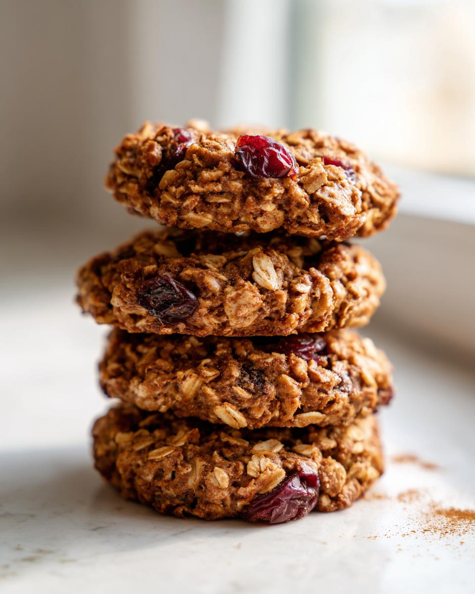 A vertical stack of four hearty, oat-based breakfast cookies studded with dried cranberries.