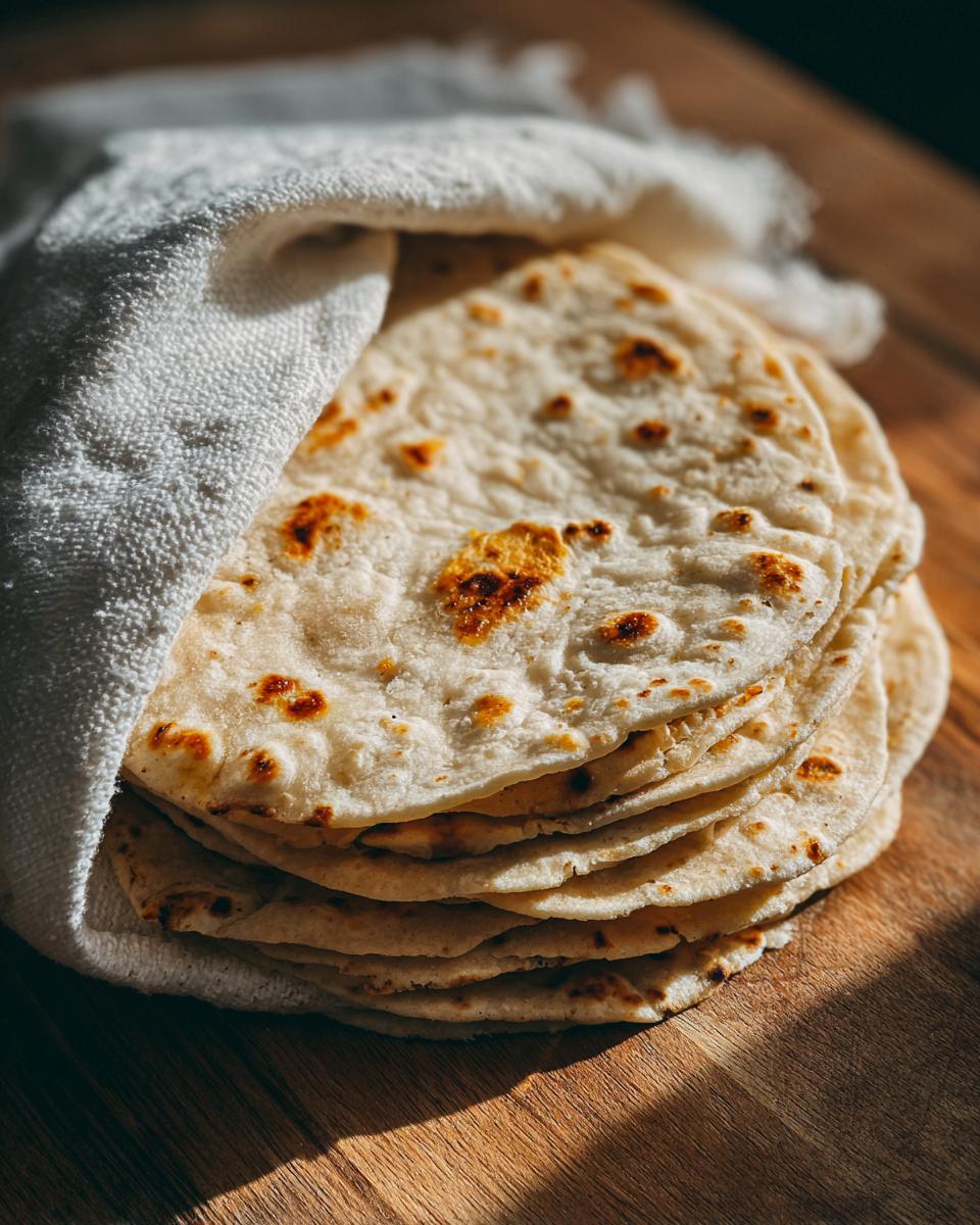 A warm stack of freshly made corn tortillas wrapped partially in a white cloth on a wooden surface.