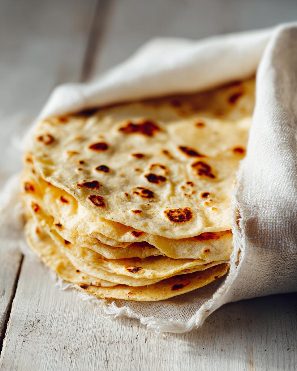 A stack of warm, freshly made corn tortillas wrapped partially in a white cloth on a rustic wooden surface.
