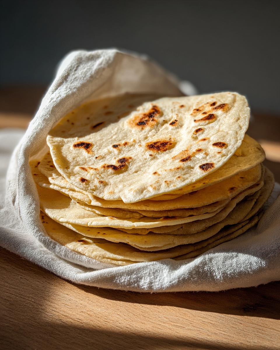 A warm stack of freshly made corn tortillas wrapped in a white cloth, showing browned spots.