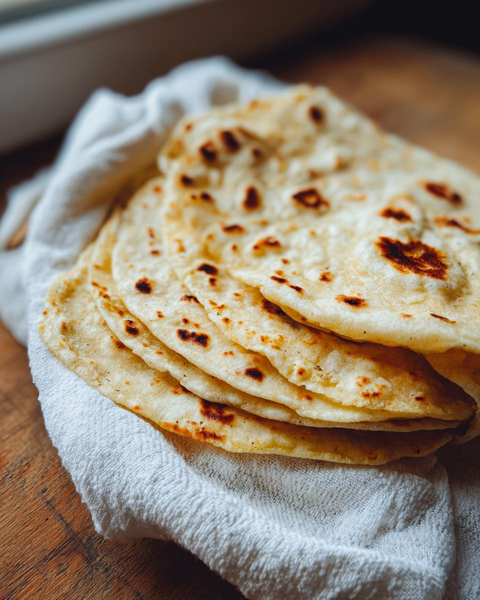 A stack of warm, freshly cooked corn tortillas with light brown char marks, resting on a white cloth.