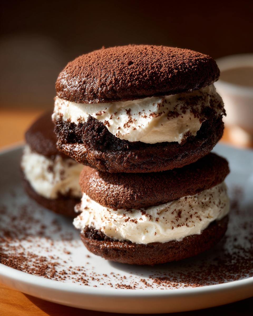 A stack of two decadent tiramisu cookies filled with white cream and dusted heavily with cocoa powder.