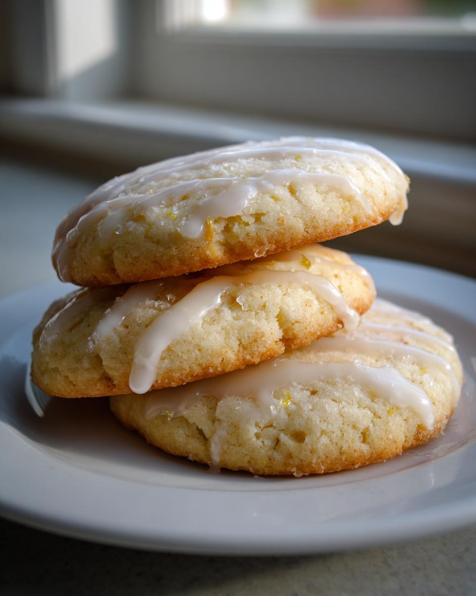Three stacked, soft-baked london fog cookies drizzled with a white glaze, resting on a white plate near a window.