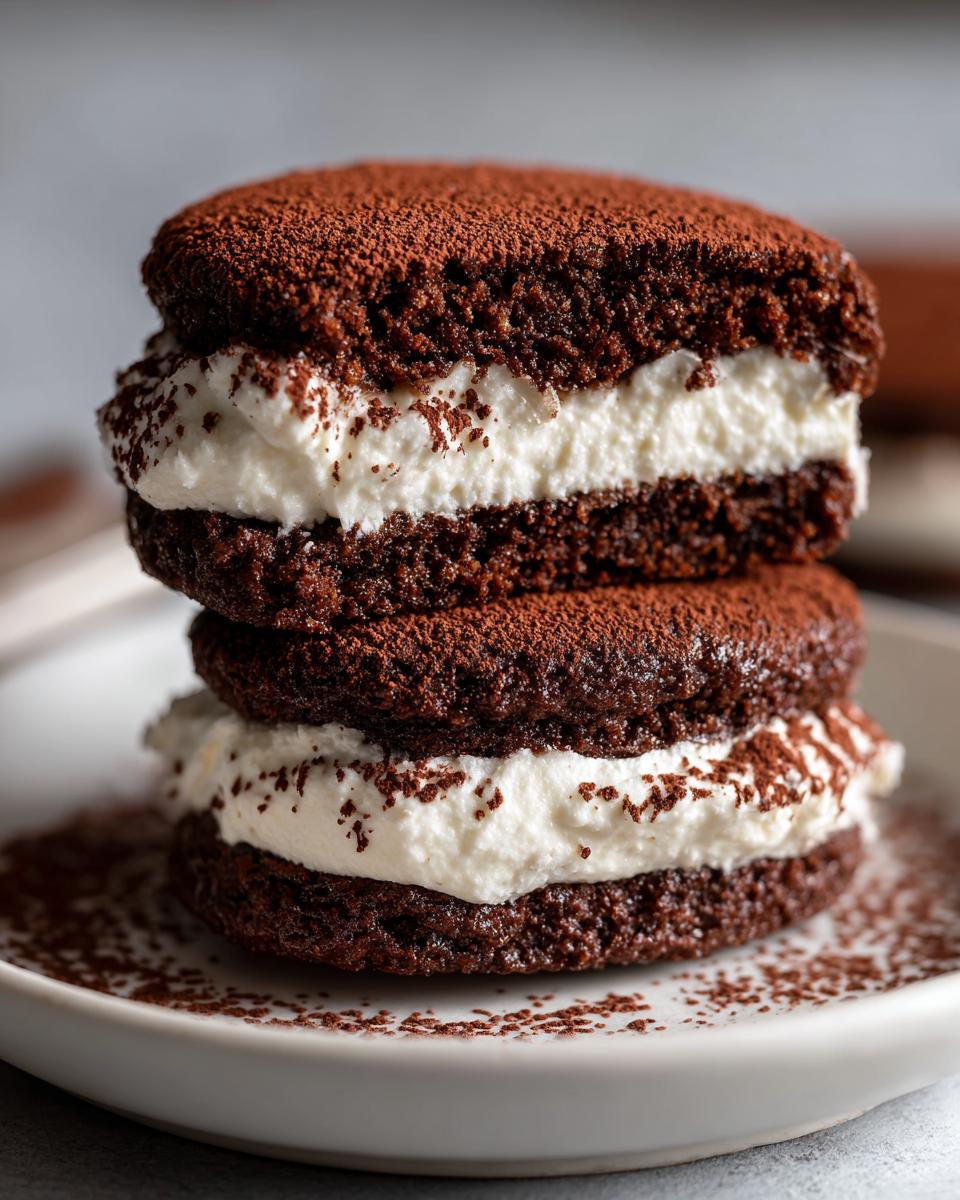 Close-up of two stacked chocolate tiramisu cookies filled with white cream and dusted heavily with cocoa powder.