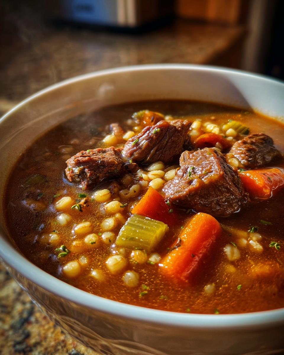 Close-up of a steaming white bowl filled with rich beef barley soup, showing chunks of beef, carrots, celery, and barley.
