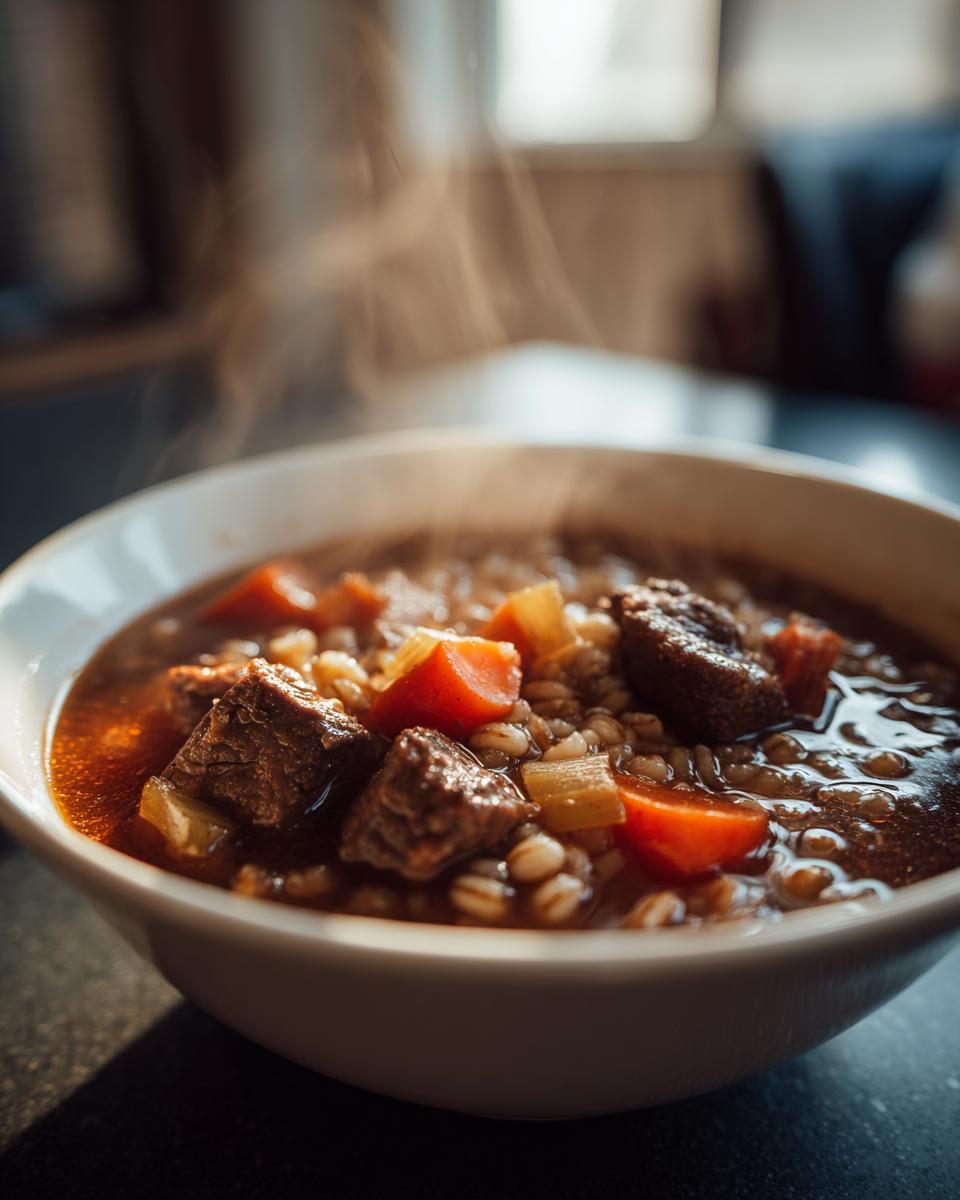 Close-up of a steaming white bowl filled with rich beef barley soup, featuring chunks of beef and carrots.