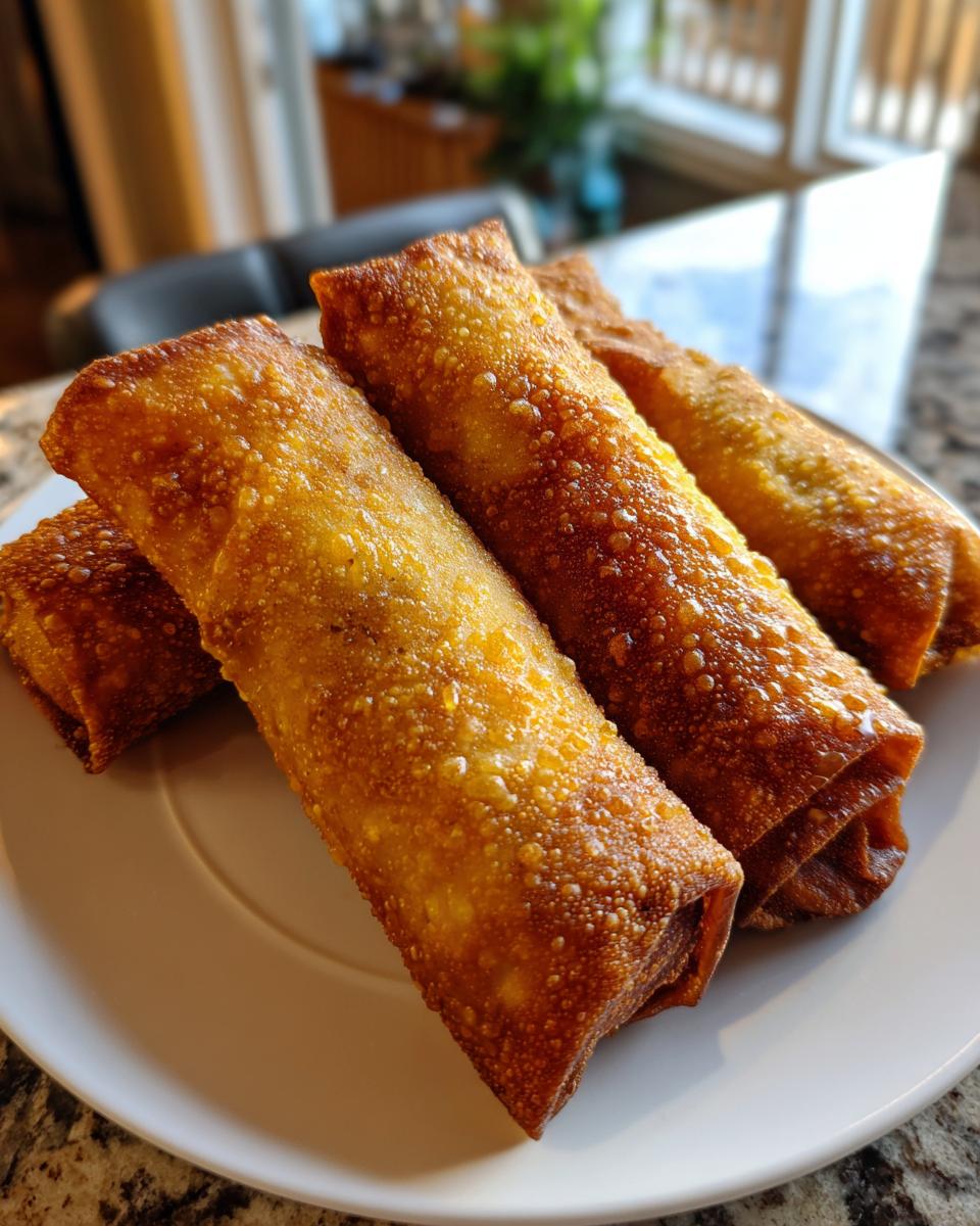Close-up of four perfectly golden brown, crispy egg roll appetizers stacked on a white plate.