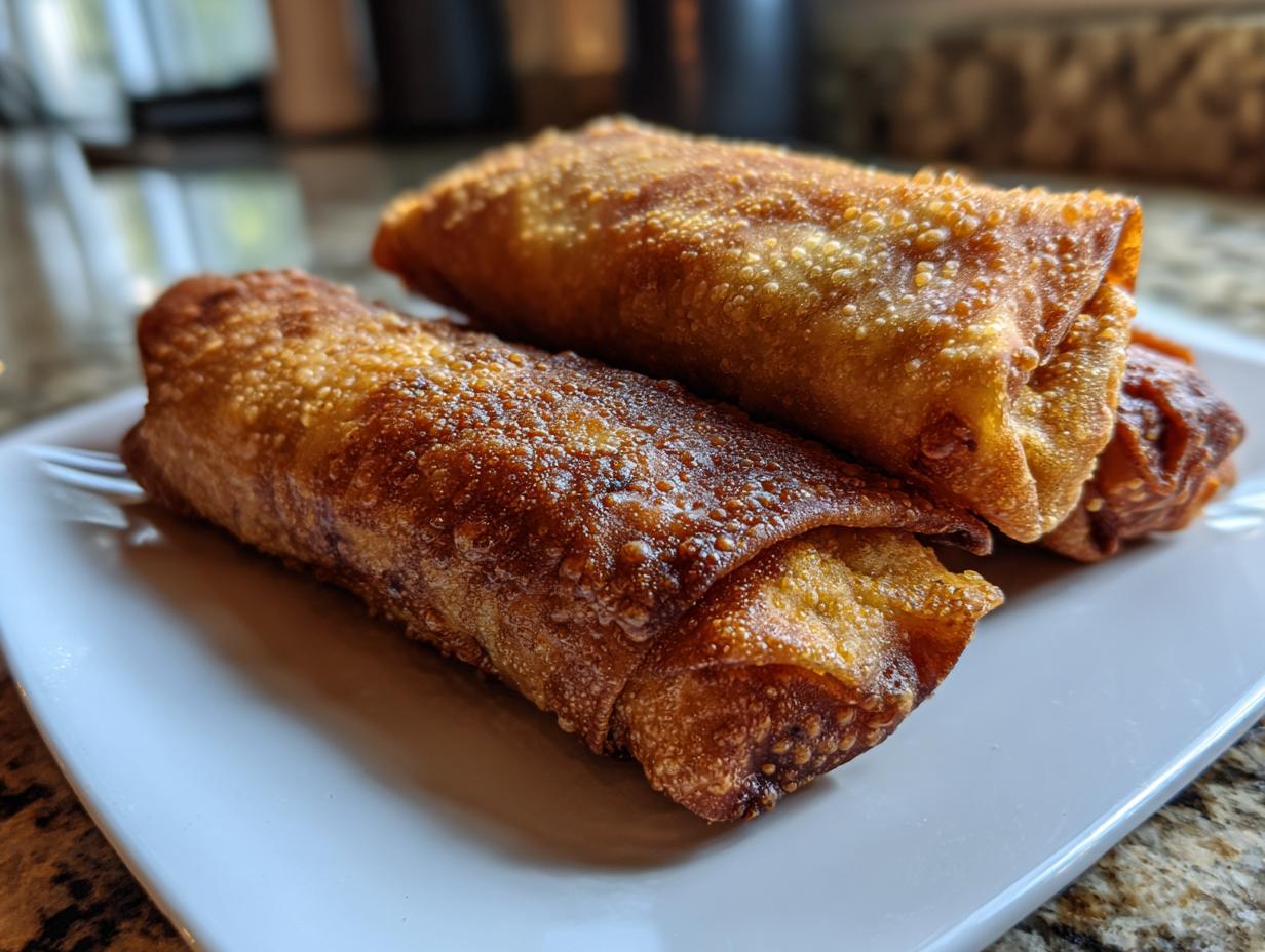 Close-up of three golden-brown, crispy deep-fried egg roll appetizers stacked on a white rectangular plate.