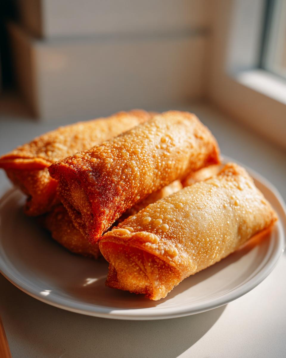 Close-up of several golden brown, super crispy egg roll appetizers stacked on a white plate.