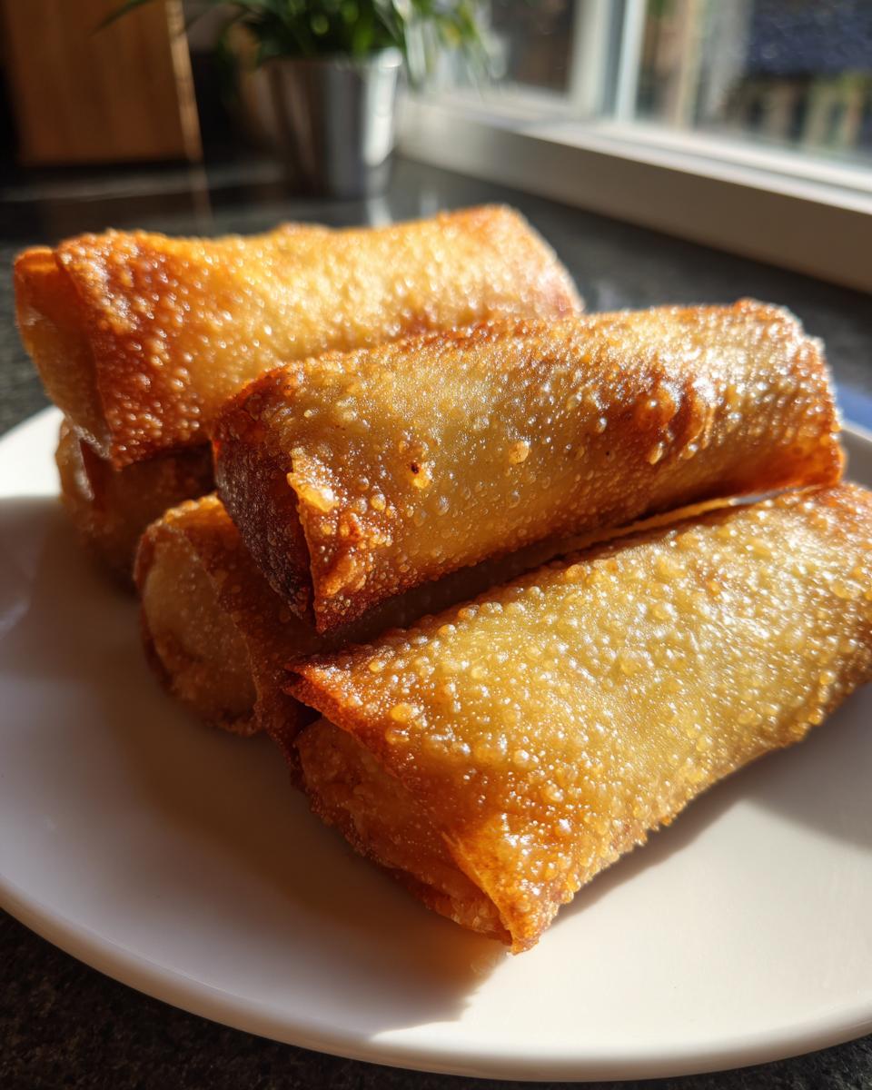 A stack of golden brown, crispy fried egg roll appetizers resting on a white plate in bright sunlight.
