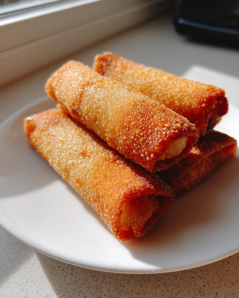 Four golden brown, super crispy egg roll appetizers stacked on a white plate near a window.