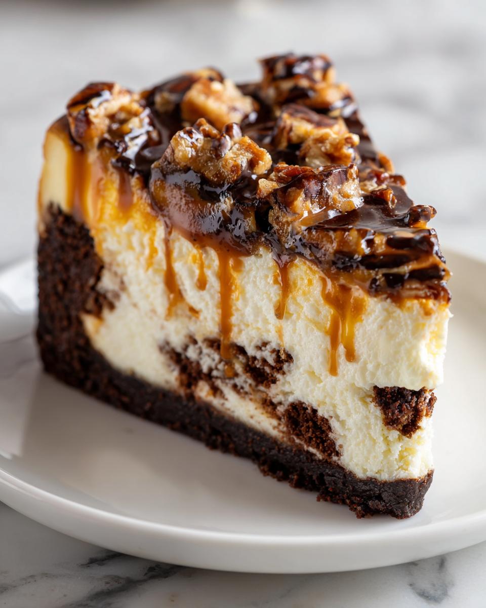 A perfect slice of turtle cheesecake featuring a dark crust, creamy filling, caramel drizzle, and pecan topping.