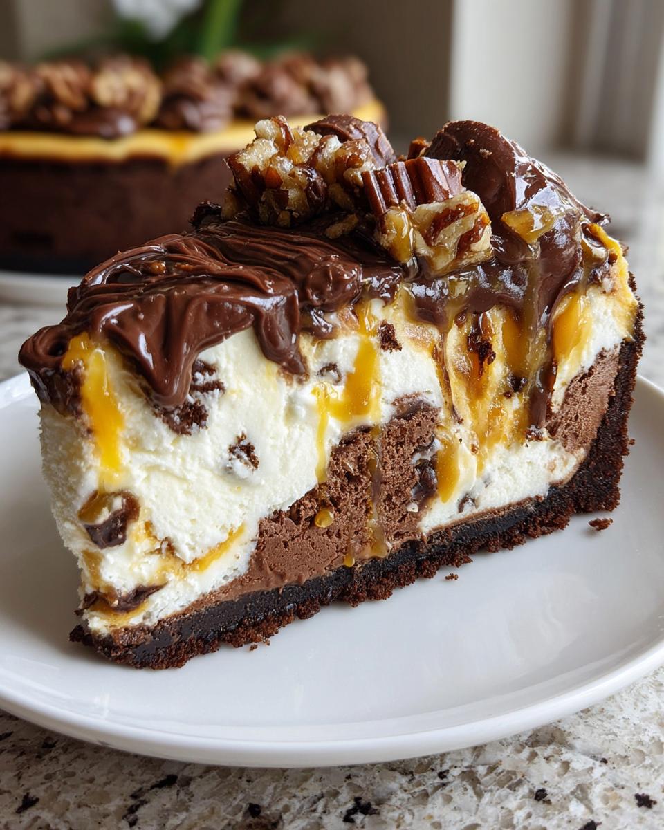 A thick slice of turtle cheesecake featuring chocolate, caramel drizzle, and pecan topping on a white plate.