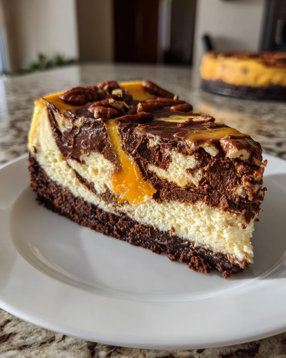 A perfect slice of turtle cheesecake featuring chocolate swirls, caramel, and pecans on a white plate.