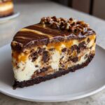 A thick slice of turtle cheesecake loaded with chocolate chips, caramel, and topped with pecans.