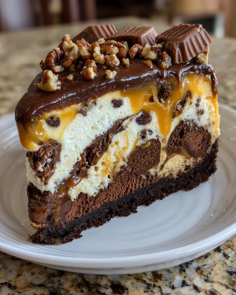 A rich slice of turtle cheesecake featuring layers of chocolate, cream cheese, caramel drizzle, pecans, and chocolate candy.