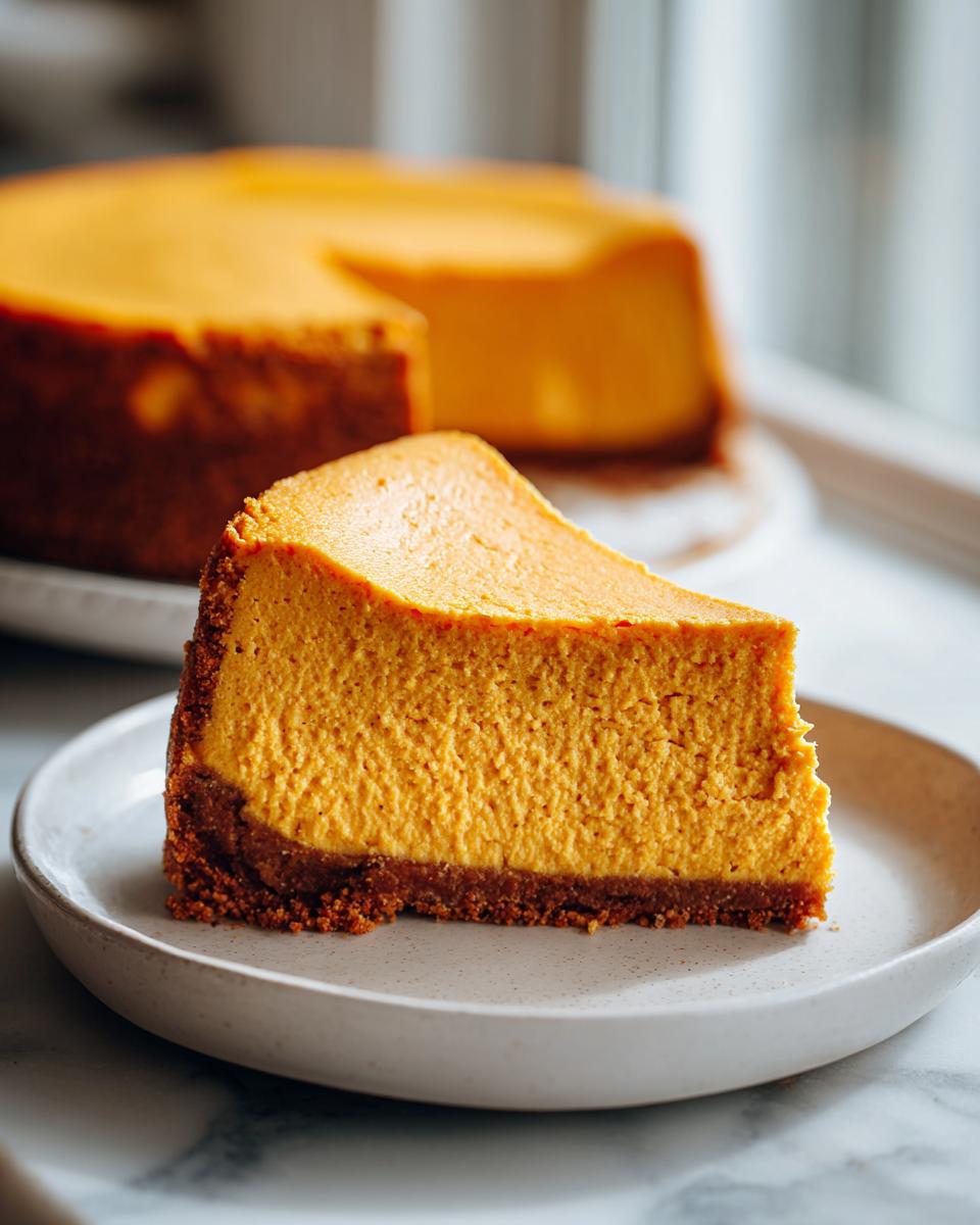 A close-up shot of a thick slice of rich, orange pumpkin cheesecake with a dark graham cracker crust.