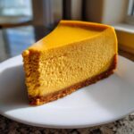 A perfect slice of rich, orange pumpkin cheesecake with a graham cracker crust sitting on a white plate.