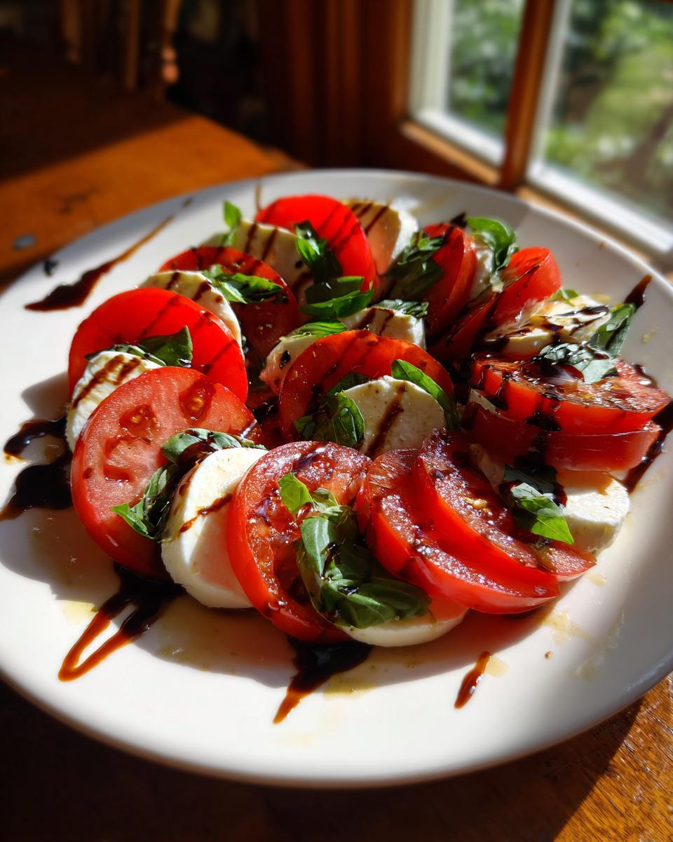 A vibrant plate of caprese salad featuring sliced tomatoes, fresh mozzarella, basil, and a balsamic glaze drizzle.