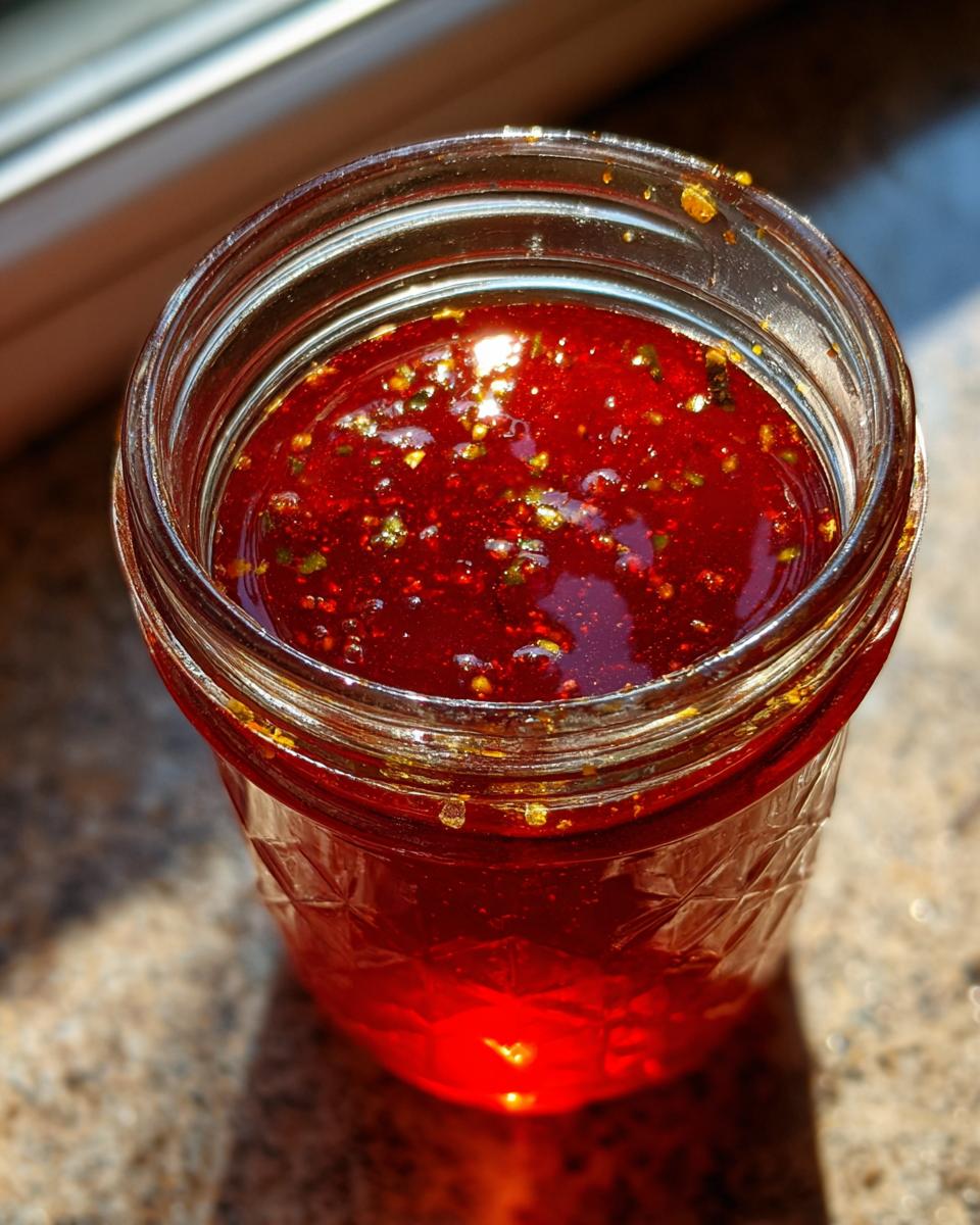Close-up of a bright red, oil-based homemade salad dressing with visible herbs and spices floating in a glass mason jar.