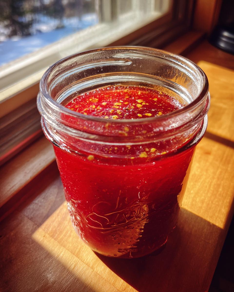 A bright red homemade salad dressing with visible yellow spice flecks, stored in a glass mason jar near a window.