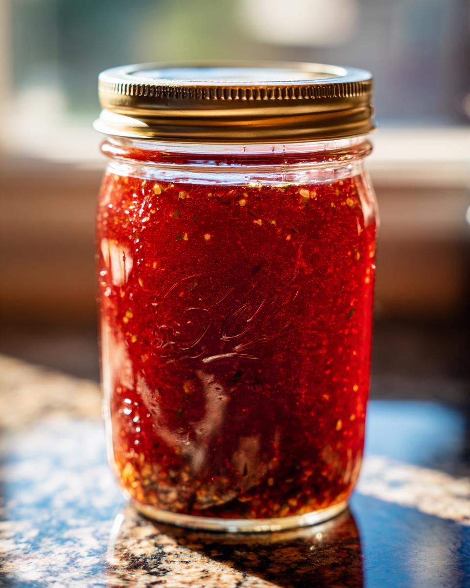 A close-up of a mason jar filled with vibrant red, speckled homemade salad dressing, sealed with a gold lid.