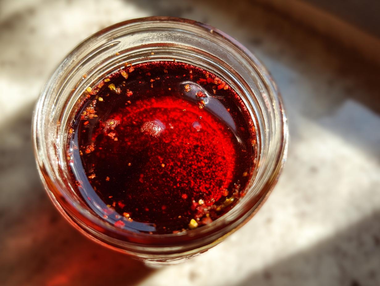 Overhead view of a vibrant red, oil-based salad dressing in a mason jar, showing spices floating on top.