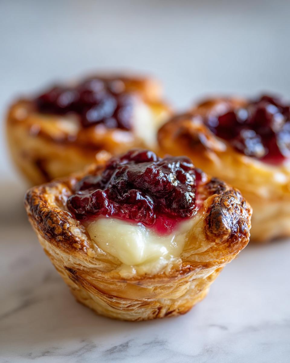 Close-up of a warm brie bite in a flaky pastry cup, showing melted brie and dark berry jam topping.