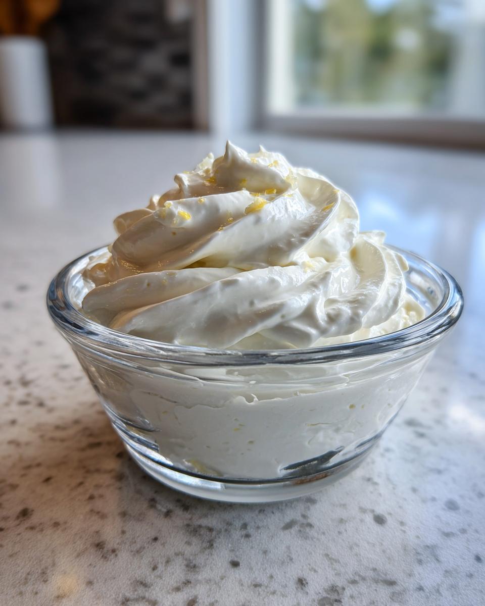 Close-up of a small glass bowl filled with creamy, whipped garlic aioli recipe, topped with lemon zest.
