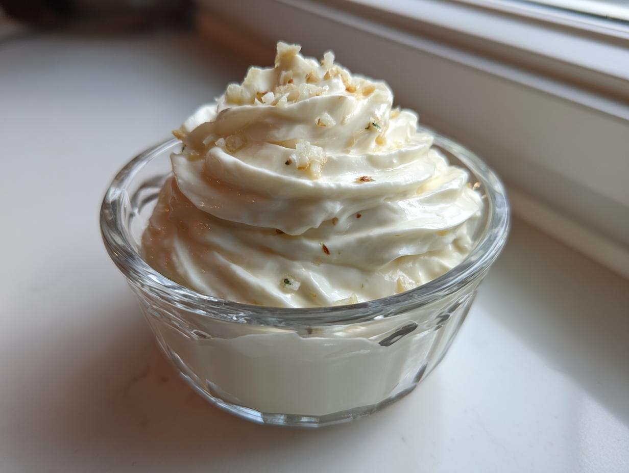 A close-up of creamy, perfectly piped garlic aioli recipe in a small glass ramekin, topped with minced garlic bits.