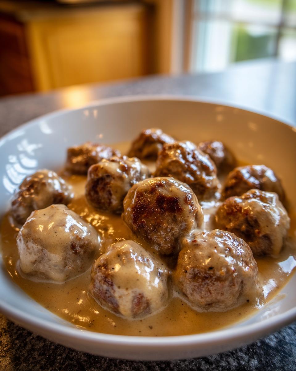 Close-up of several juicy swedish meatballs generously covered in a creamy brown gravy in a white bowl.